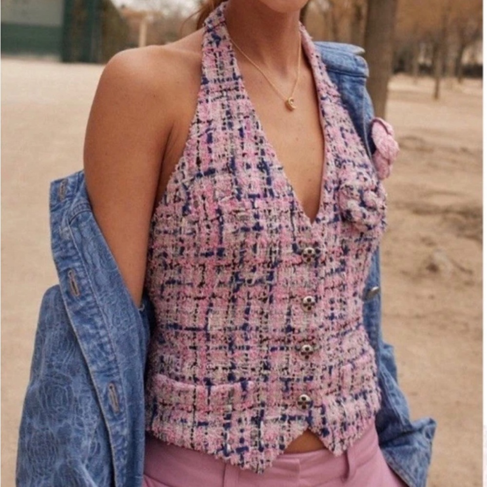 Chanel Pink Tweed Halter Vest Crop Top Silk XS, 36